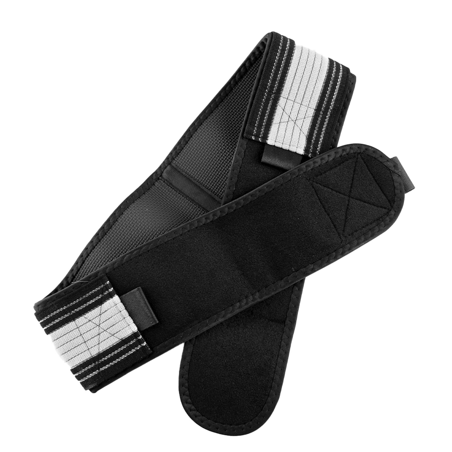 Flat-lay image of the back support belt displaying non-slip, breathable neoprene material and extra-strong double-pole elastic for durable lumbar and lower back support.