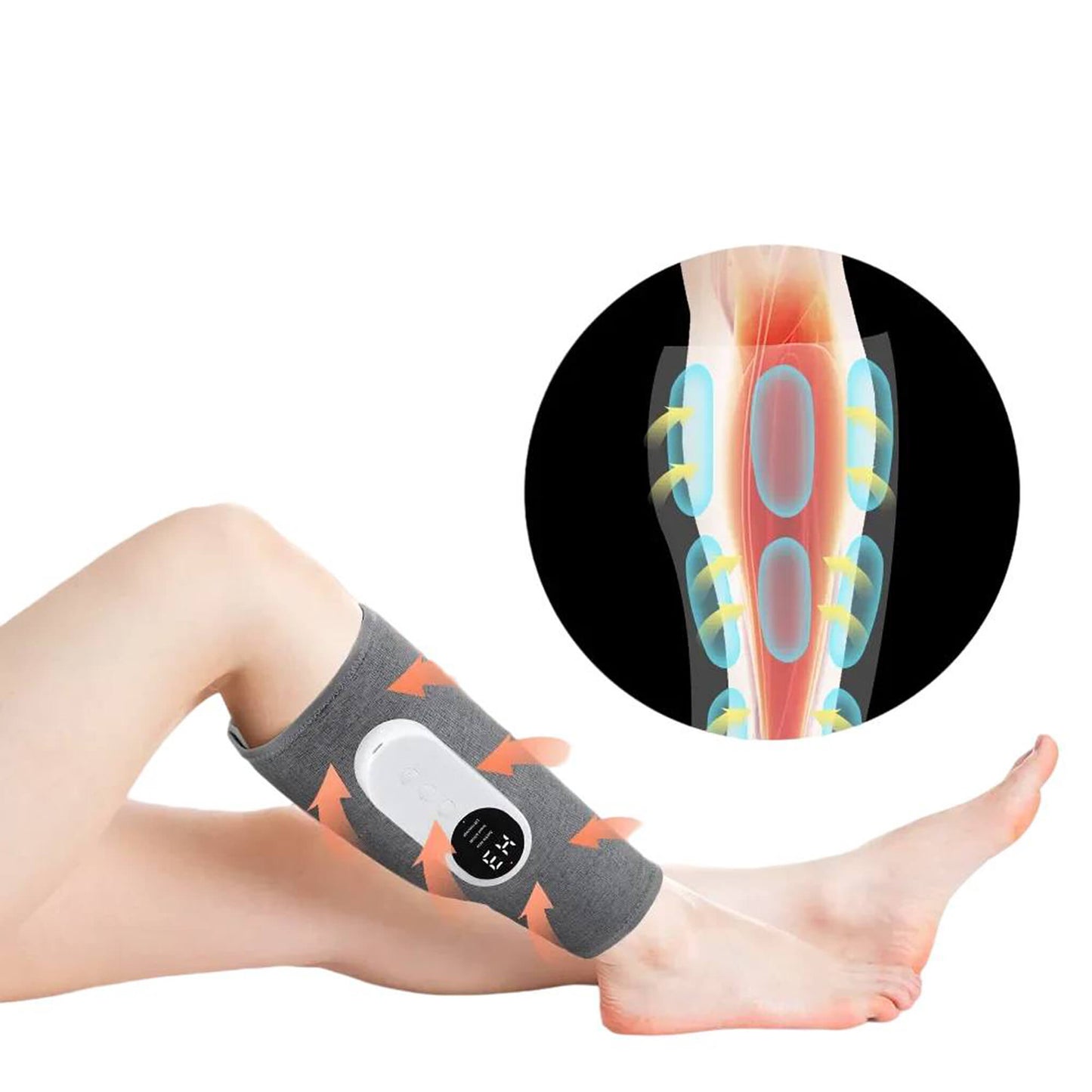 Image of two legs with one leg using the leg massager, featuring an icon with a diagram demonstrating the air pressure mechanism, highlighting the functionality of the leg massage machine and calf massager.