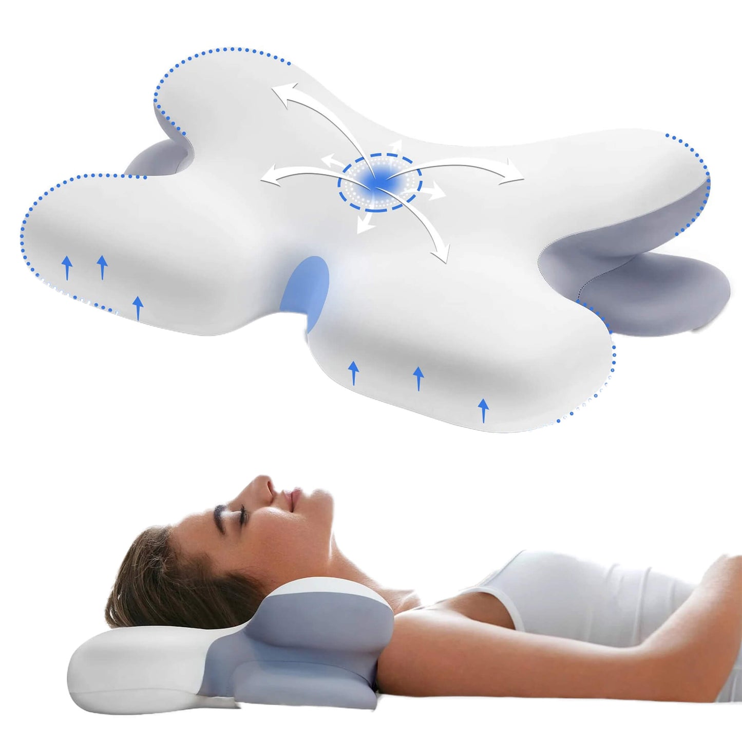 Neck pillow with animated elements showcasing ergonomic support, alongside a side view of a woman sleeping on the pillow, illustrating comfort and proper neck alignment.