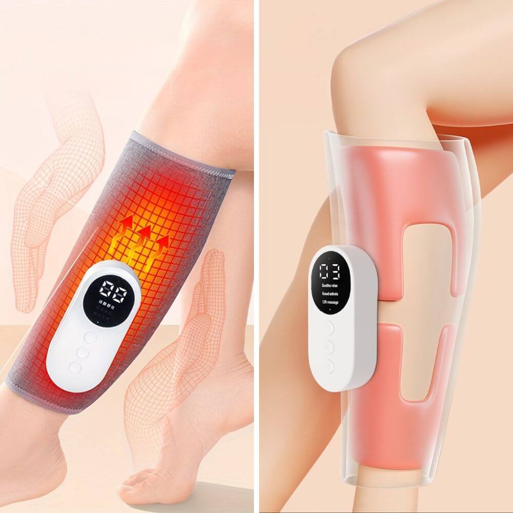 Image grid showcasing the leg massager's features: heat compression for warm care to the leg and air pressure kneading massage functionality for targeted relief and relaxation.